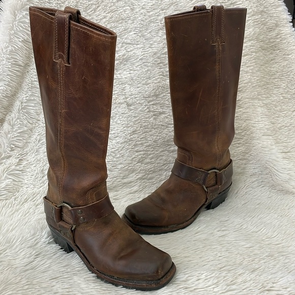 Frye 12R Harness vintage Brown Tall Square Toe Moto Riding Boots Women’s 6.5 - Picture 2 of 12